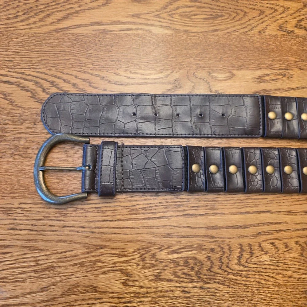 Chinese Laundry L‎ Belt Brown Faux Croc Embossed Studded Gold Buckle Stretch